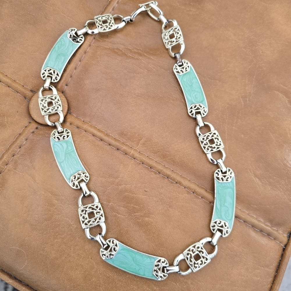 Vintage Mid-Century silvertone panel link necklace featuring aqua/seafoam green